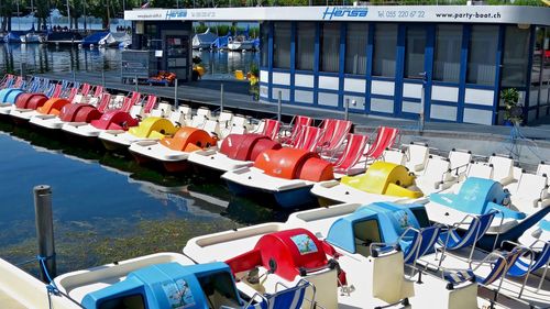 High angle view of boats moored in water