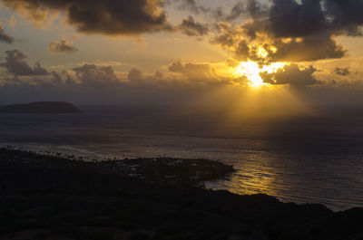 Scenic view of beach against sky during sunset