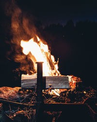 Bonfire on wooden log at night