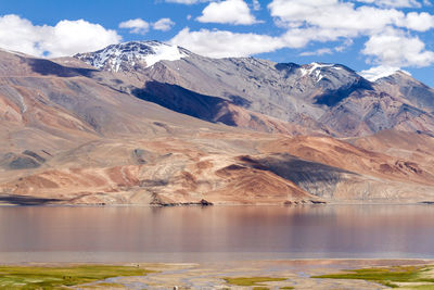 Tso moriri mountain lake panorama with mountains and blue sky reflections in the lake