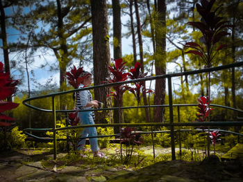 Rear view of men standing by railing