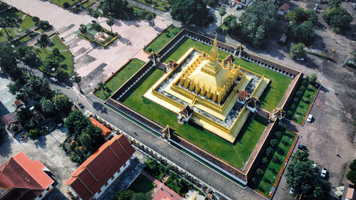 Bird-eye view golden stupa at vientiane lao pdr, called that luang landmark of lao pdr