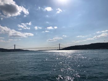 View of suspension bridge over sea