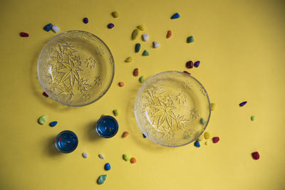 High angle view of coins