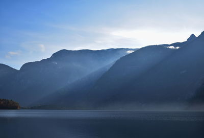 Scenic view of sea and mountains against sky