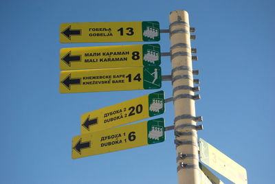 Low angle view of road sign against blue sky