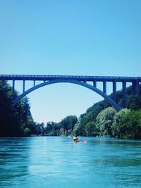 Scenic view of bridge over river against clear blue sky