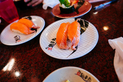 High angle view of sushi served on table