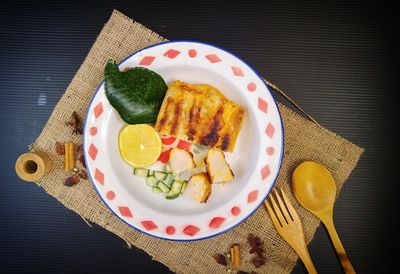 High angle view of dessert in plate on table