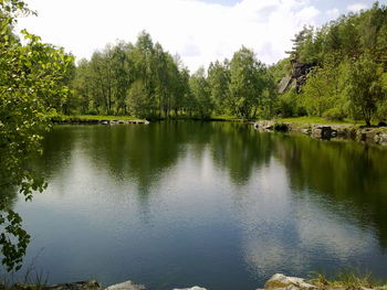 Scenic view of lake in forest against sky