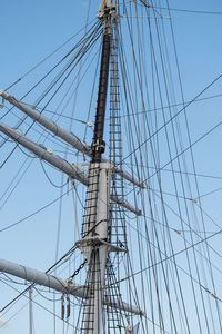 Low angle view of sailboat against clear sky