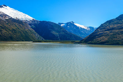 Scenic view of lake and mountains against blue sky