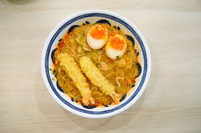 High angle view of breakfast served on table