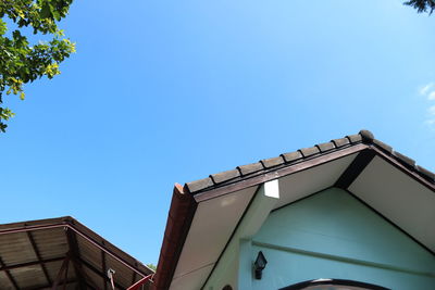 Low angle view of building against clear blue sky