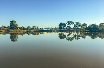 Reflection of trees in lake against clear blue sky