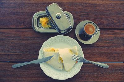 High angle view of breakfast on table