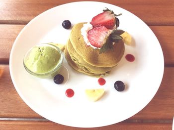 High angle view of pancakes on plate