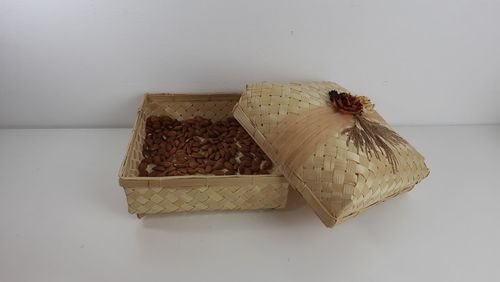 High angle view of bread on white table