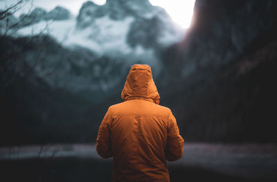 Rear view of man looking at mountain during winter