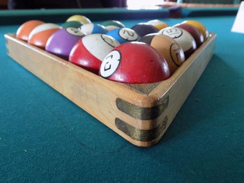 Close-up of multi colored balls on pool table