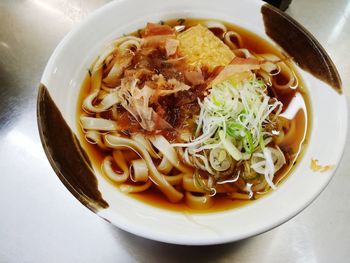 High angle view of soup in bowl on table