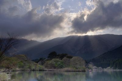 Scenic view of lake and mountains against sky