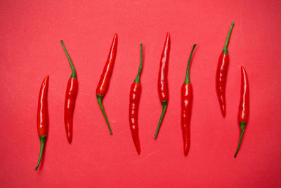 Close-up of red chili pepper over colored background