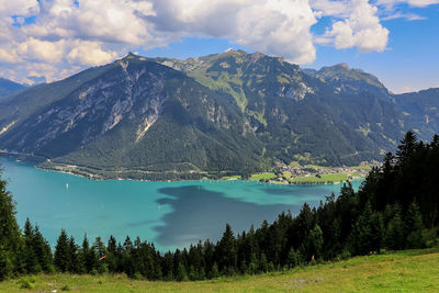 Scenic view of lake and mountains against sky