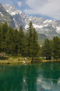 View of the blue lake lago blu near breuil cervinia and cervino mount matterhorn in val d'aosta
