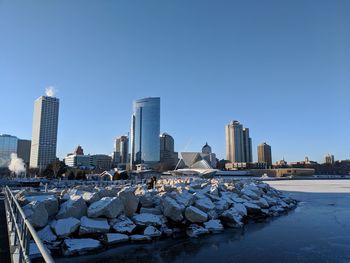 Modern cityscape against clear blue sky