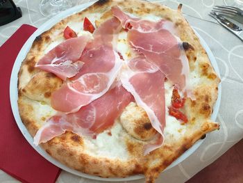 High angle view of pizza in plate