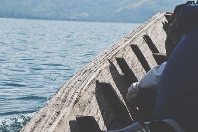 Rear view of man sitting by sea