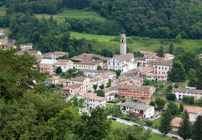 High angle view of buildings in town