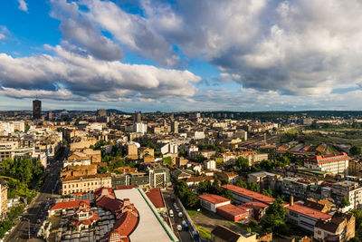 High angle shot of townscape against sky