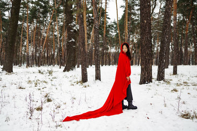 Little red riding hood is going away on a snowy road. dramatic and fantastic shooting.