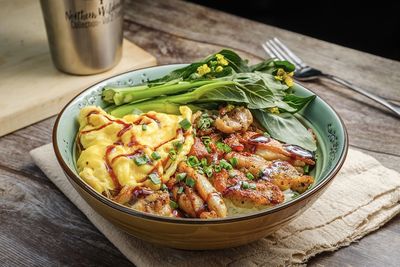 High angle view of food in bowl on table