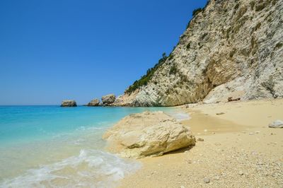 Scenic view of sea against clear blue sky