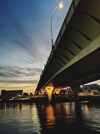 Low angle view of bridge over river against sky during sunset