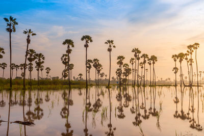 Scenic view of lake against sky during sunset