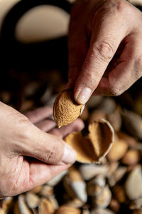 Close up of male hands holding a raw almond.
