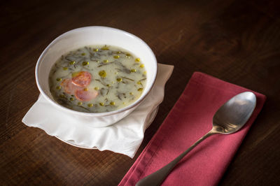 High angle view of soup in bowl on table