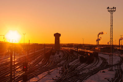 High angle view of railway tracks at sunset