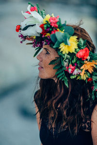 Woman wearing multi colored flowers