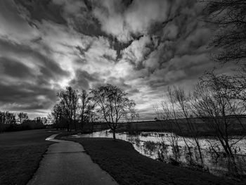 Road by bare trees against sky