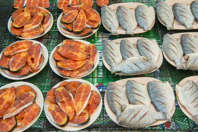 High angle view of fish in plate on table