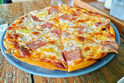 High angle view of pizza on table