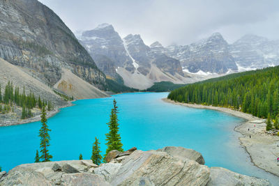 Scenic view of lake and mountains against sky