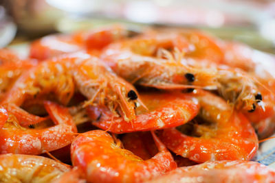 High angle view of prawns in plate on table