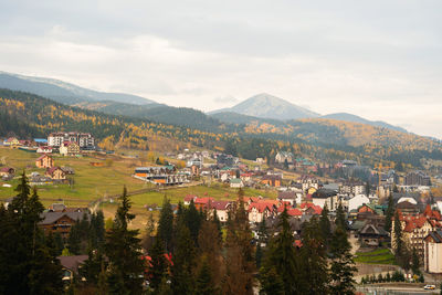 Bukovel ski resort in autumn. beautiful view of hotel houses in the ecological countryside. 