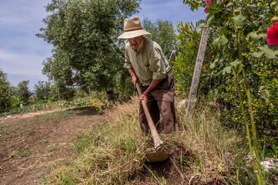 Man holding umbrella by plants on field